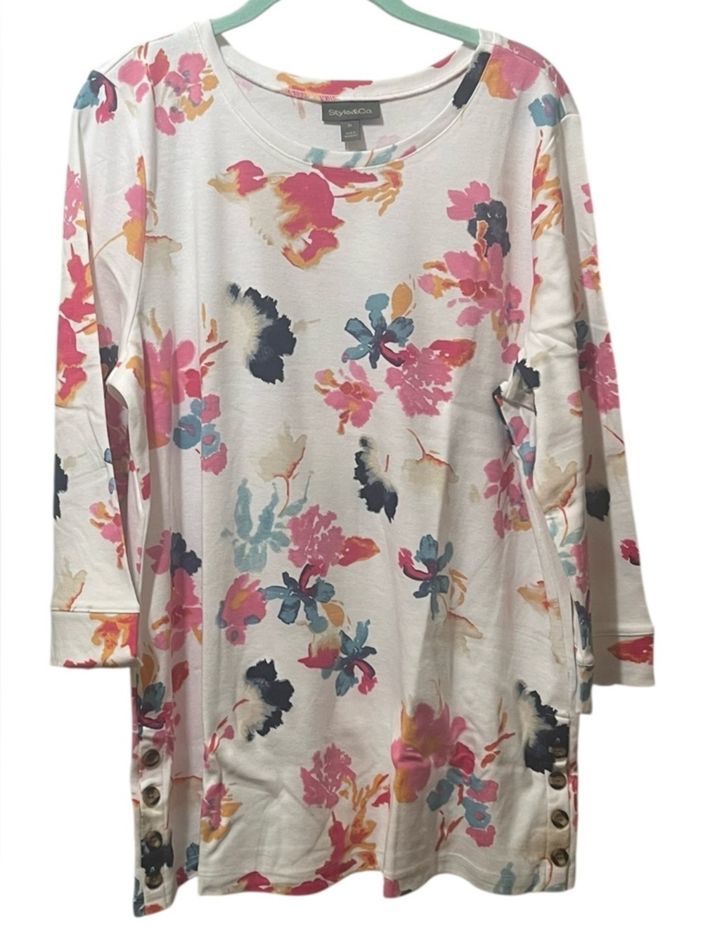 Style & Co Women Blue Pink Floral Printed Button Trim Summer Tunic Top XL NWT